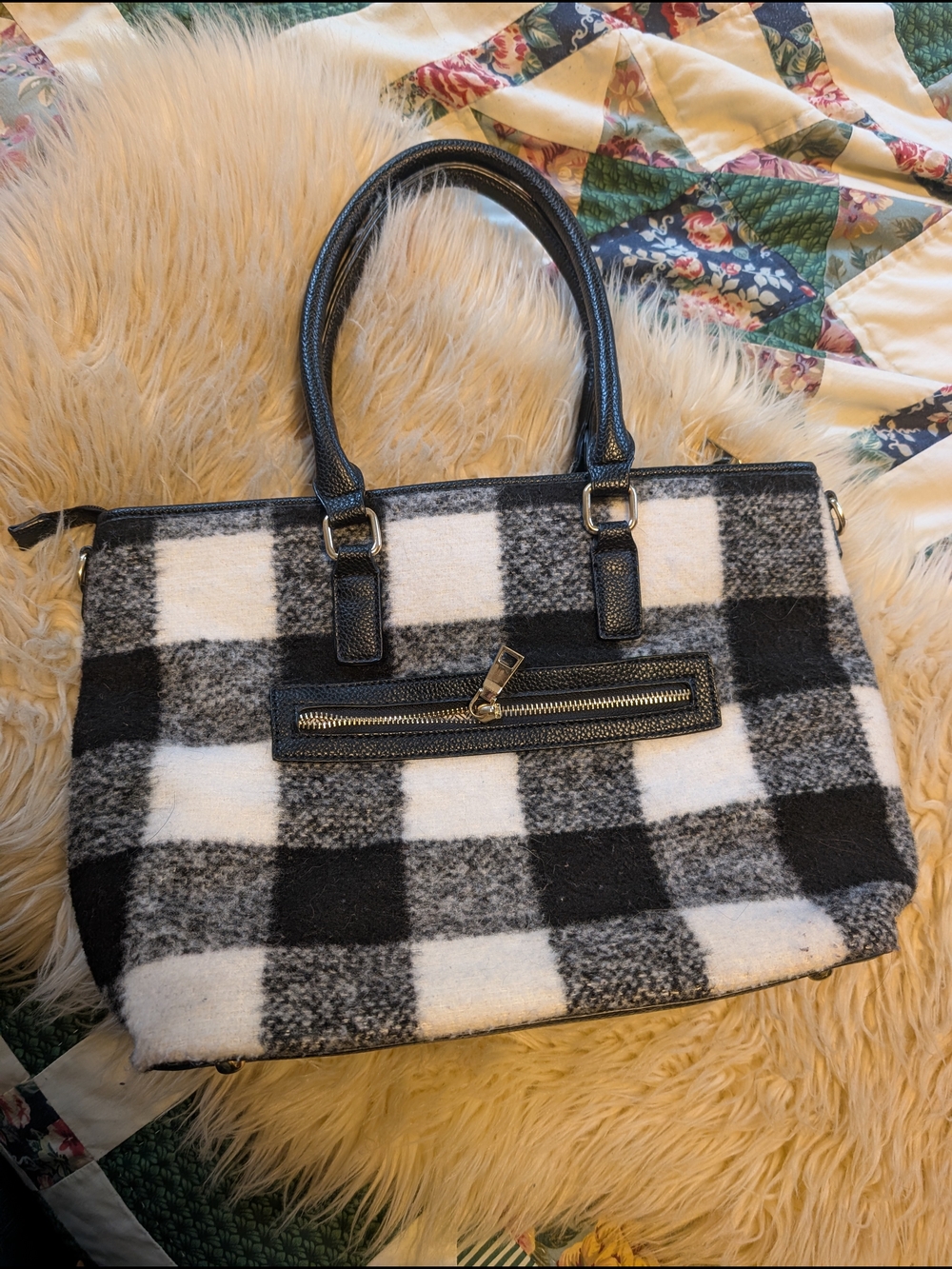 Black & White Buffalo Plaid Tote Bag with Zip Pocket